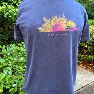 Life Is Good Blue T-Shirt with Yellow and Pink Graphic